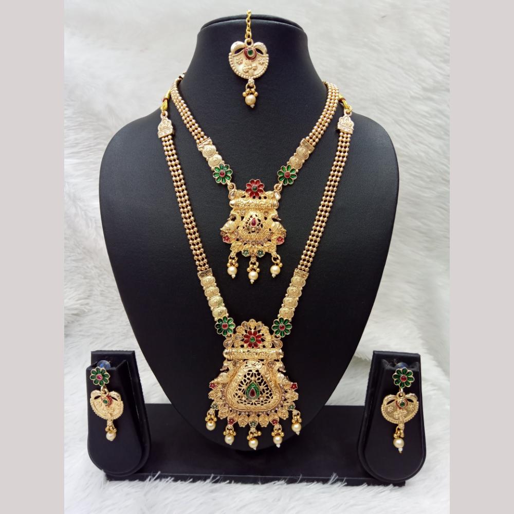 Manisha Jewellery Gold Plated Pota Stone And Pearl Double Necklace Set