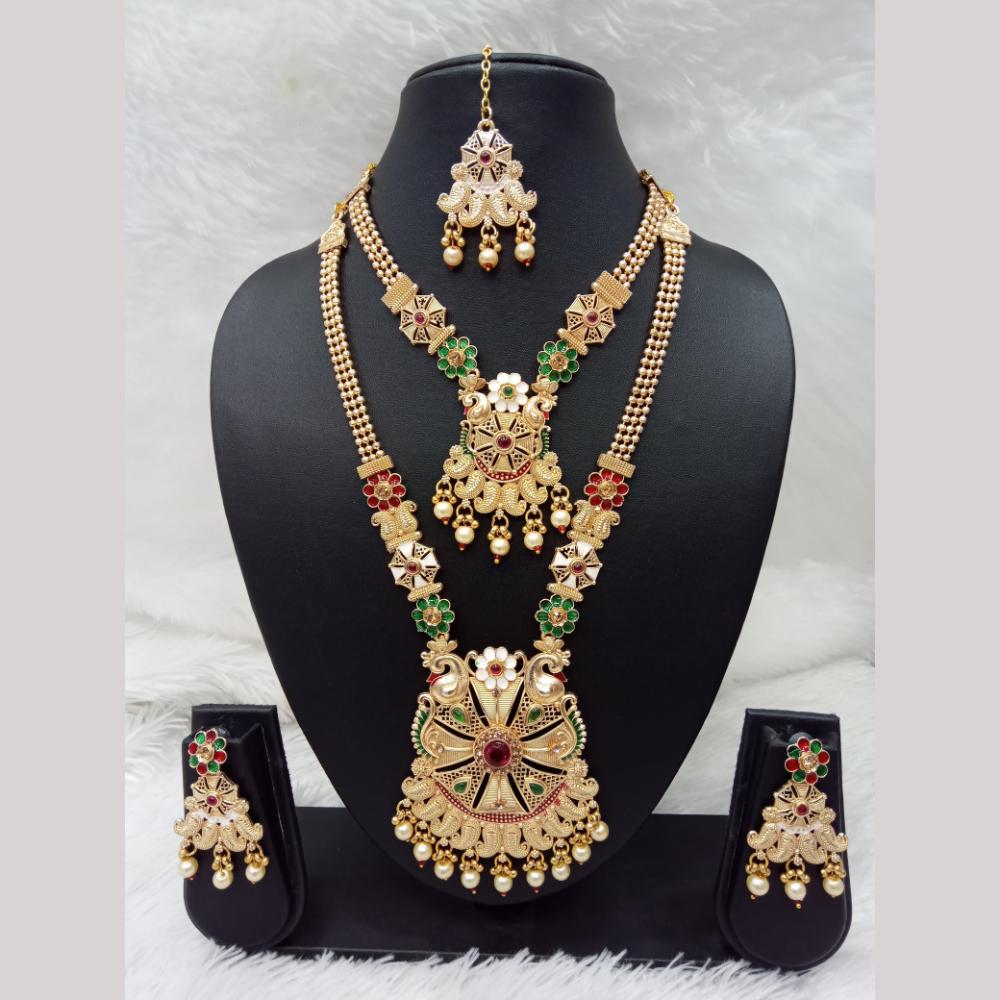 Manisha Jewellery Gold Plated Pota Stone And Pearl Double Necklace Set