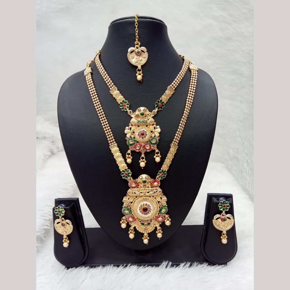 Manisha Jewellery Gold Plated Pota Stone And Pearl Double Necklace Set