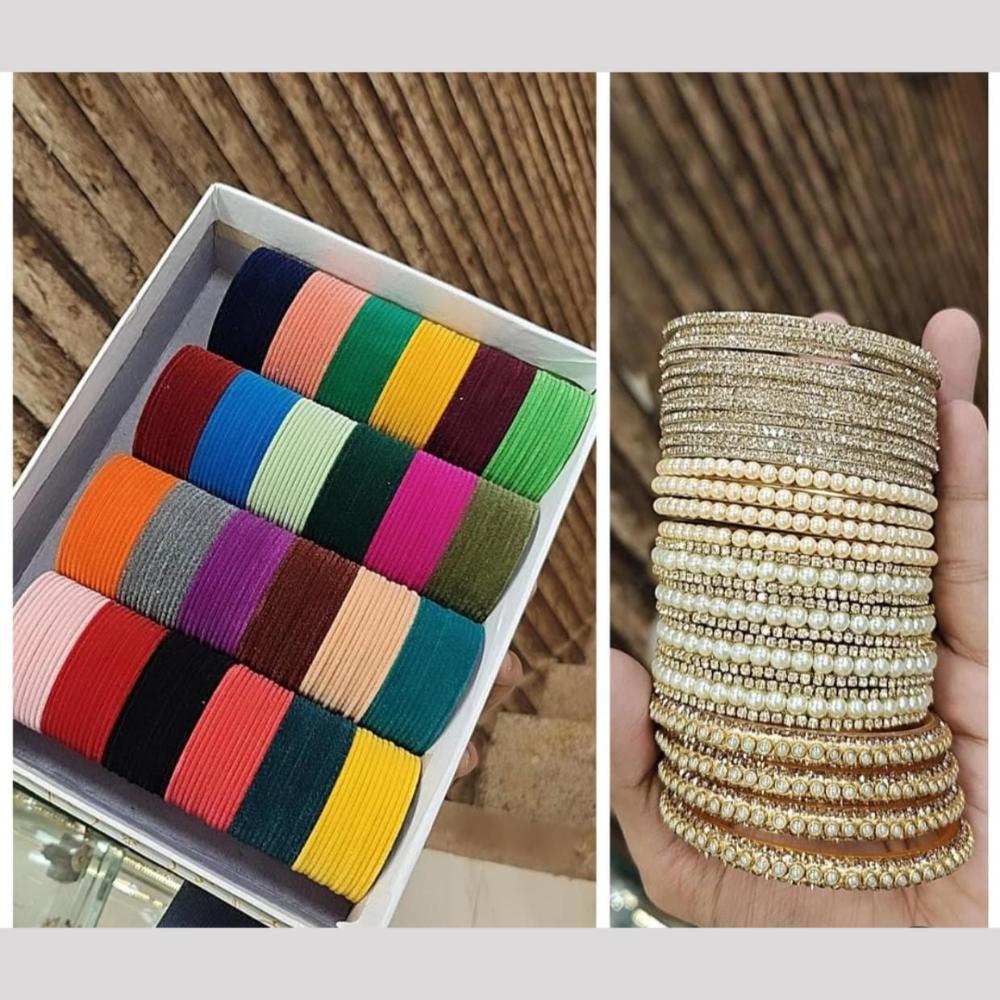Manisha Jewellery Gold Plated Austrian Stone And Pearl Velvet Bangles Set