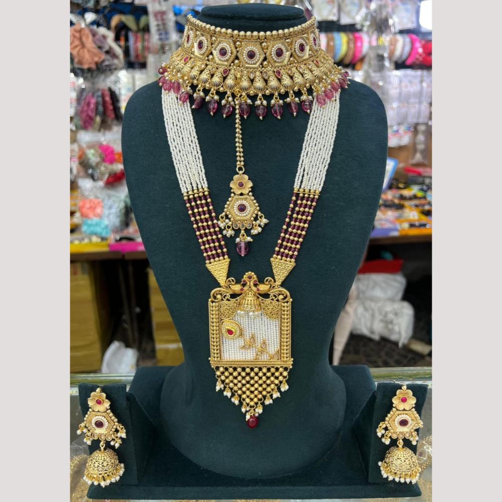 Manisha Jewellery Gold Plated Pota Stone And Pearl Double Necklace Set
