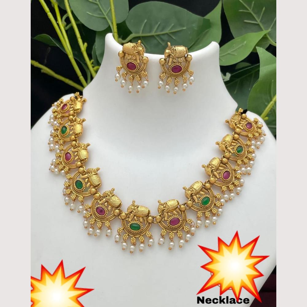 Manisha Jewellery Royal Elephant Design Pota Stone And Pearl Necklace Set