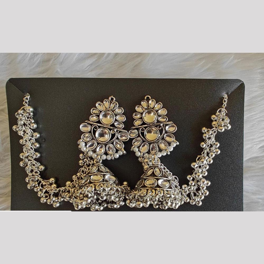Manisha Jewellery Oxidized Floral Jhumki with Kan chain and Mini Bell Drops
