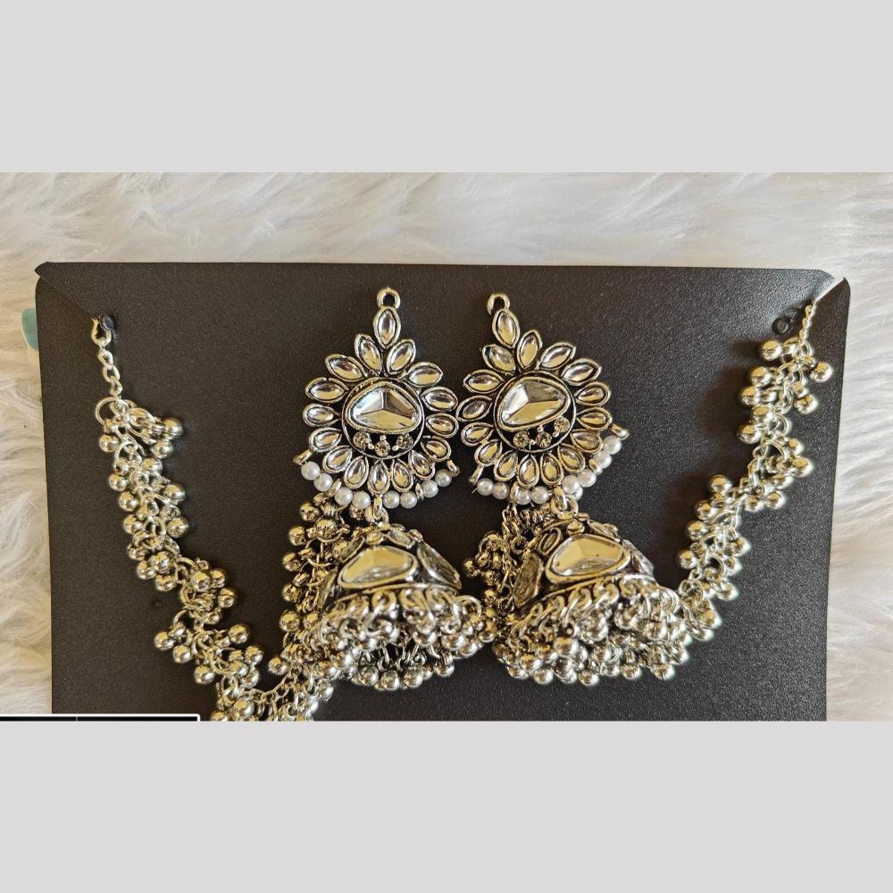 Manisha Jewellery Oxidized Floral Jhumki with Kan chain and Mini Bell Drops