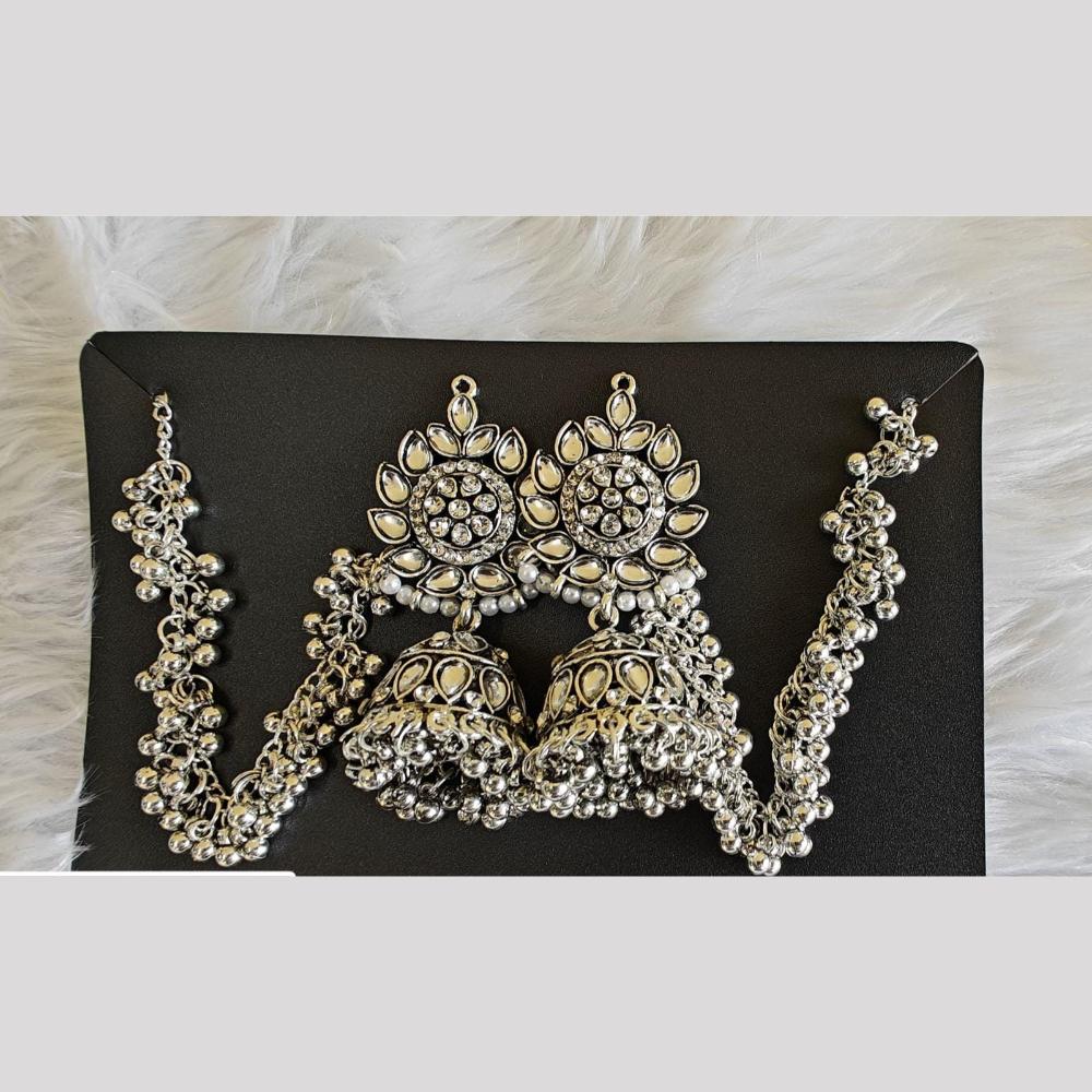 Manisha Jewellery Oxidized Floral Jhumki with Kan chain and Mini Bell Drops