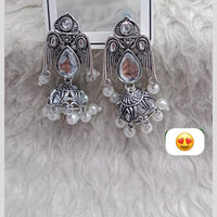 Manisha Jewellery Rhodium Finish Ethnic Jhumkas with Mirror Detailing & Pearl Drops