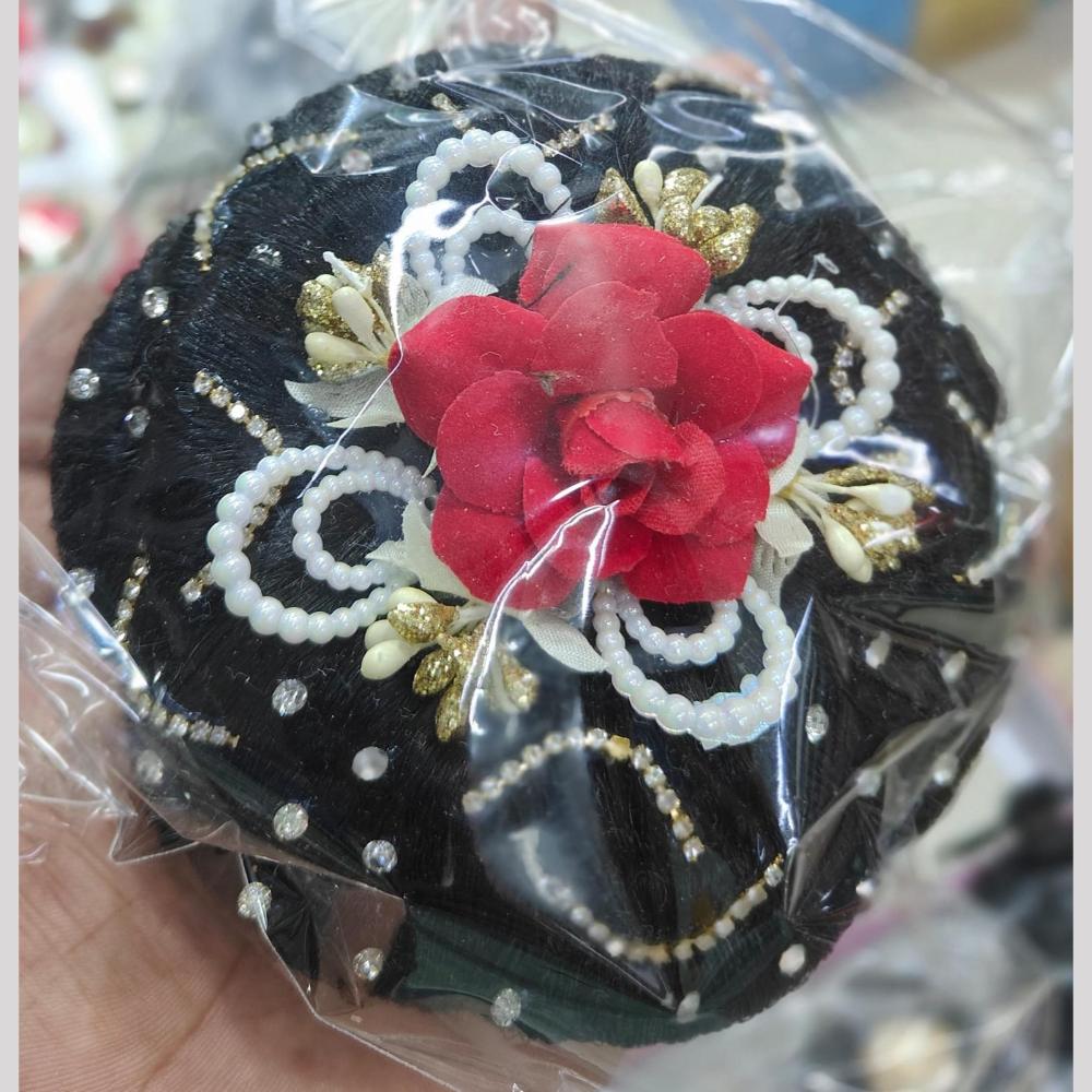 Manisha Jewellery Hair Bun With Red Rose Ready Made Juda With Pearl And Golden Detailing