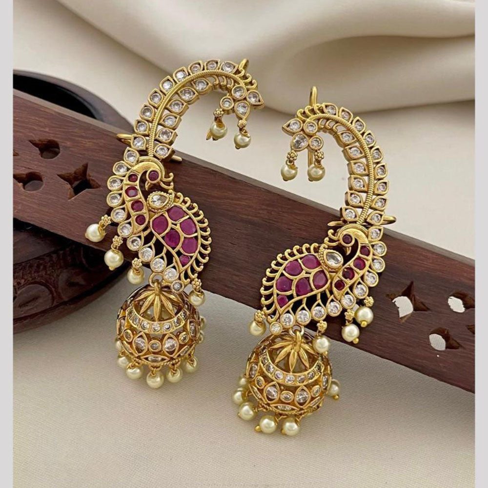 Manisha Jewellery Trendy Peacock Motif Earcuff Jhumki Earrings With Pota Stone And Pearl Drops