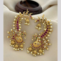Manisha Jewellery Trendy Peacock Motif Earcuff Jhumki Earrings With Pota Stone And Pearl Drops 