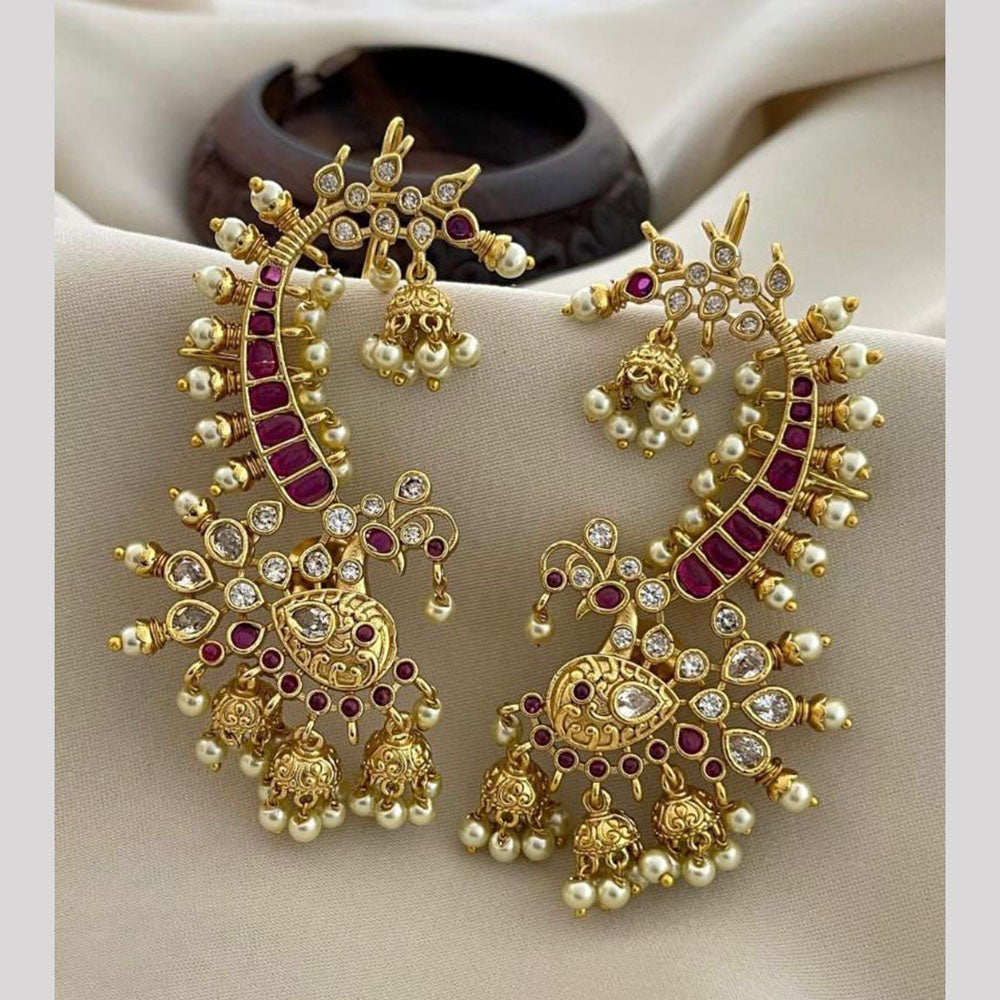 Manisha Jewellery Trendy Peacock Motif Earcuff Jhumki Earrings With Pota Stone And Pearl Drops