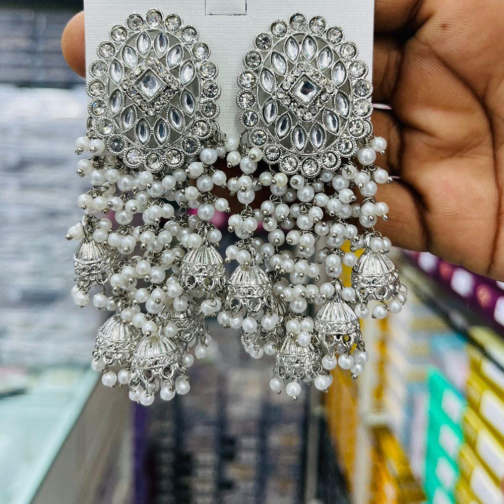 Manisha Jewellery Elegant Rhodium Polish Kundan Stone Pearl Jhumki Earrings