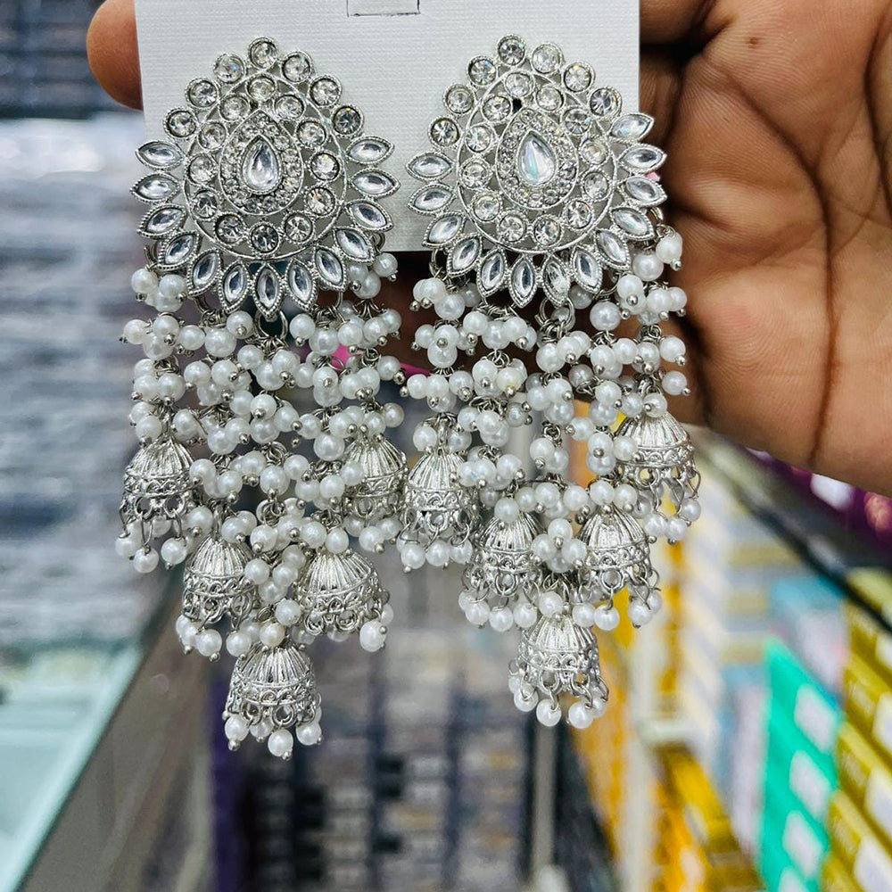 Manisha Jewellery Elegant Rhodium Polish Kundan Stone Pearl Jhumki Earrings