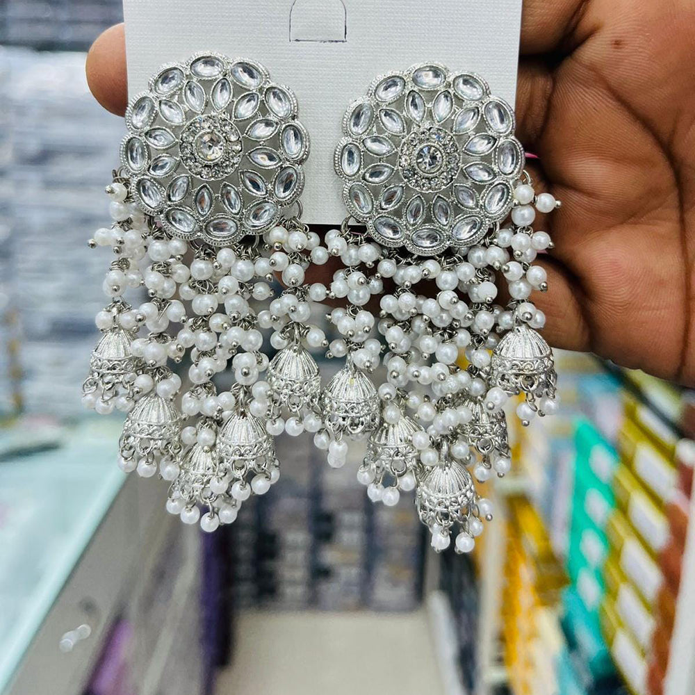 Manisha Jewellery Elegant Rhodium Polish Kundan Stone Pearl Jhumki Earrings