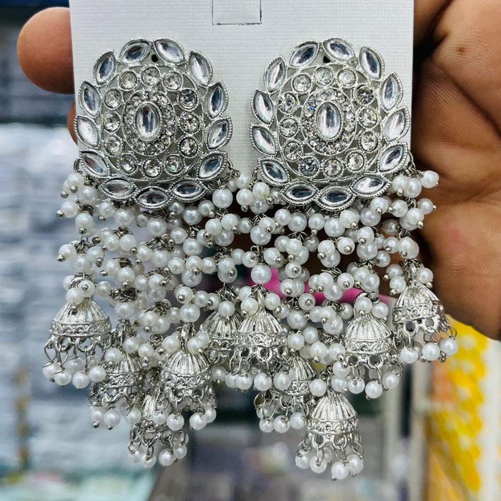 Manisha Jewellery Elegant Rhodium Polish Kundan Stone Pearl Jhumki Earrings