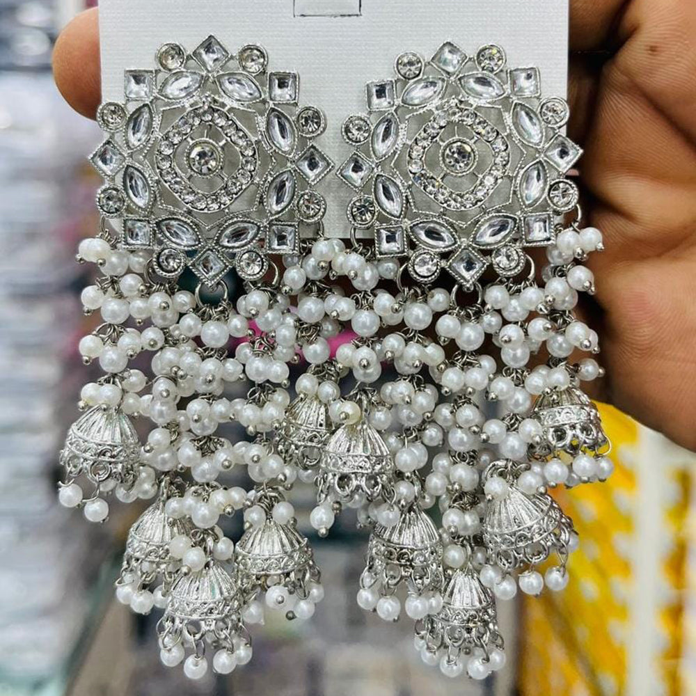 Manisha Jewellery Elegant Rhodium Polish Kundan Stone Pearl Jhumki Earrings
