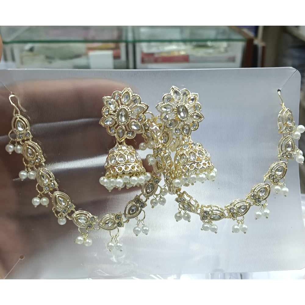 Manisha Jewellery Grand Kundan Stone And Pearl Jhumki Earrings With Kanchain