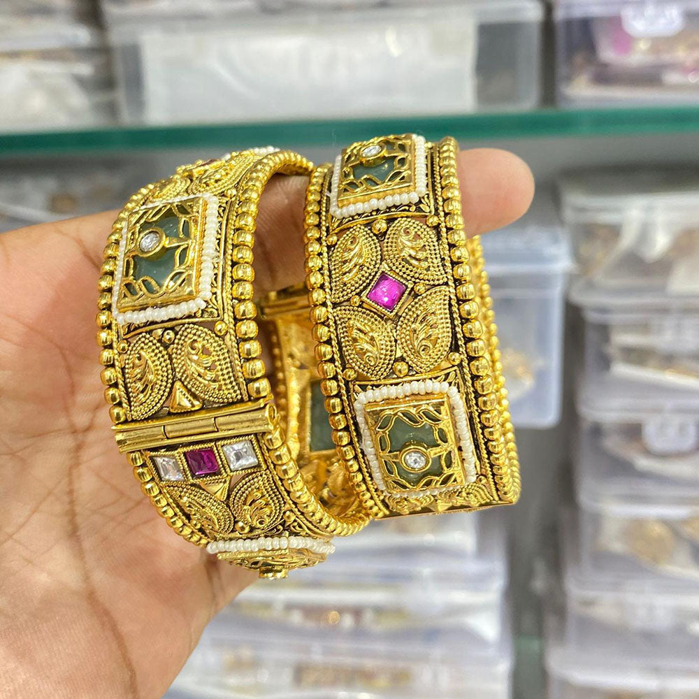 Manisha Jewellery Gold Plated Pota Stone And Pearl Openable Bangles Set