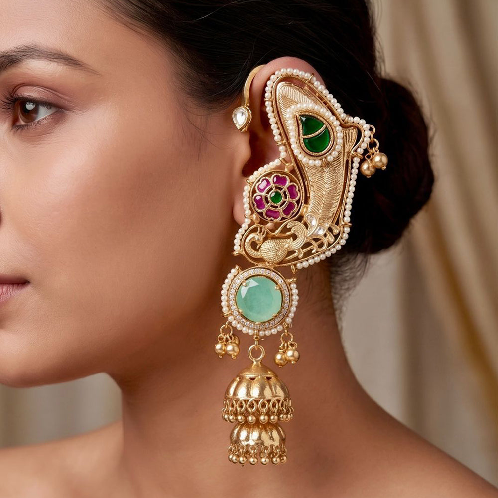 Manisha Jewellery Designer Earcuff Jhumki Earrings With Sparkling Pota Stone And Pearl
