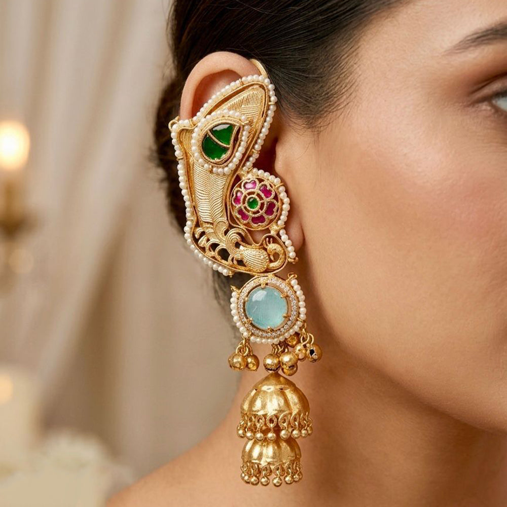 Manisha Jewellery Designer Earcuff Jhumki Earrings With Sparkling Pota Stone And Pearl