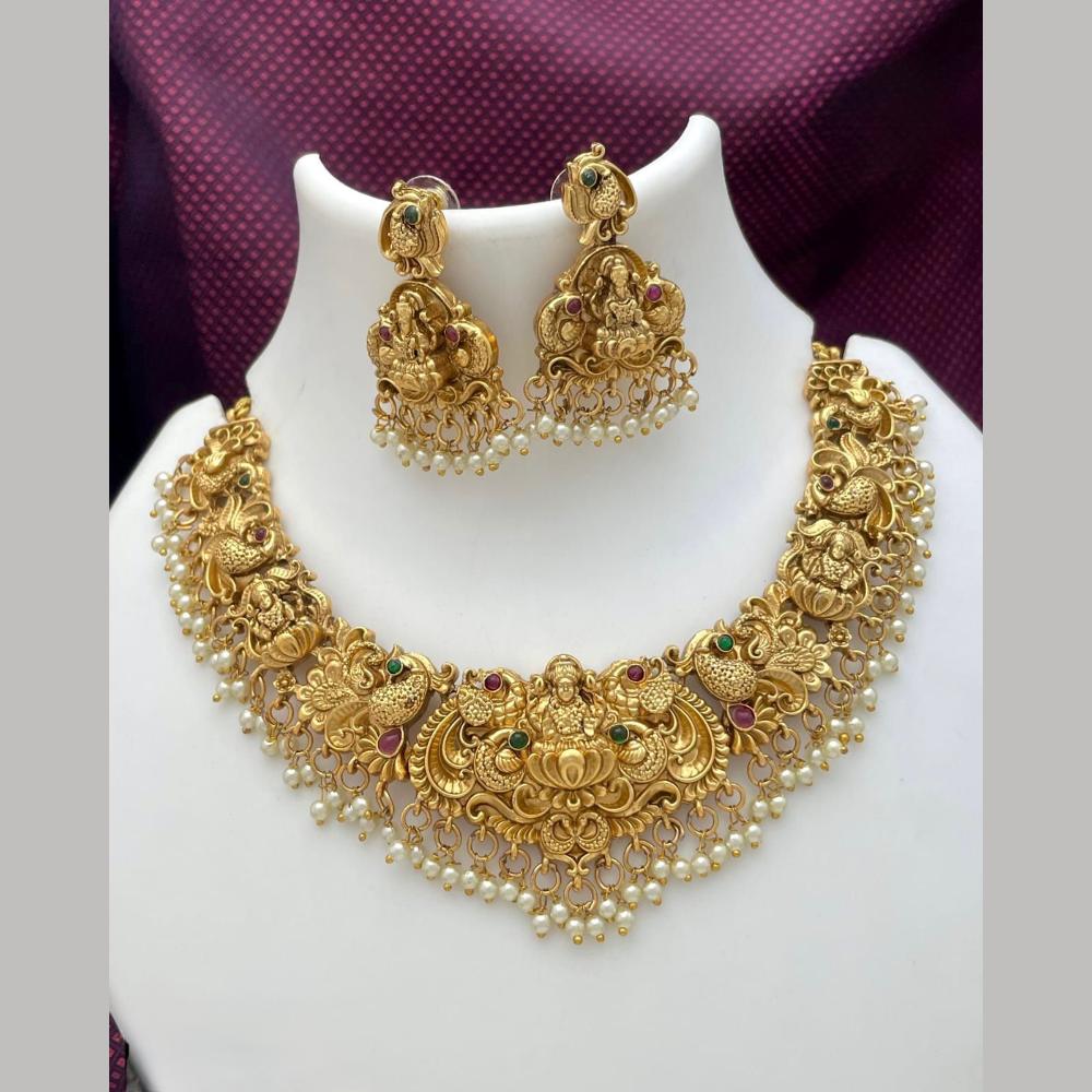 Manisha Jewellery Premium Pota Stone And Pearl Temple Necklace Set