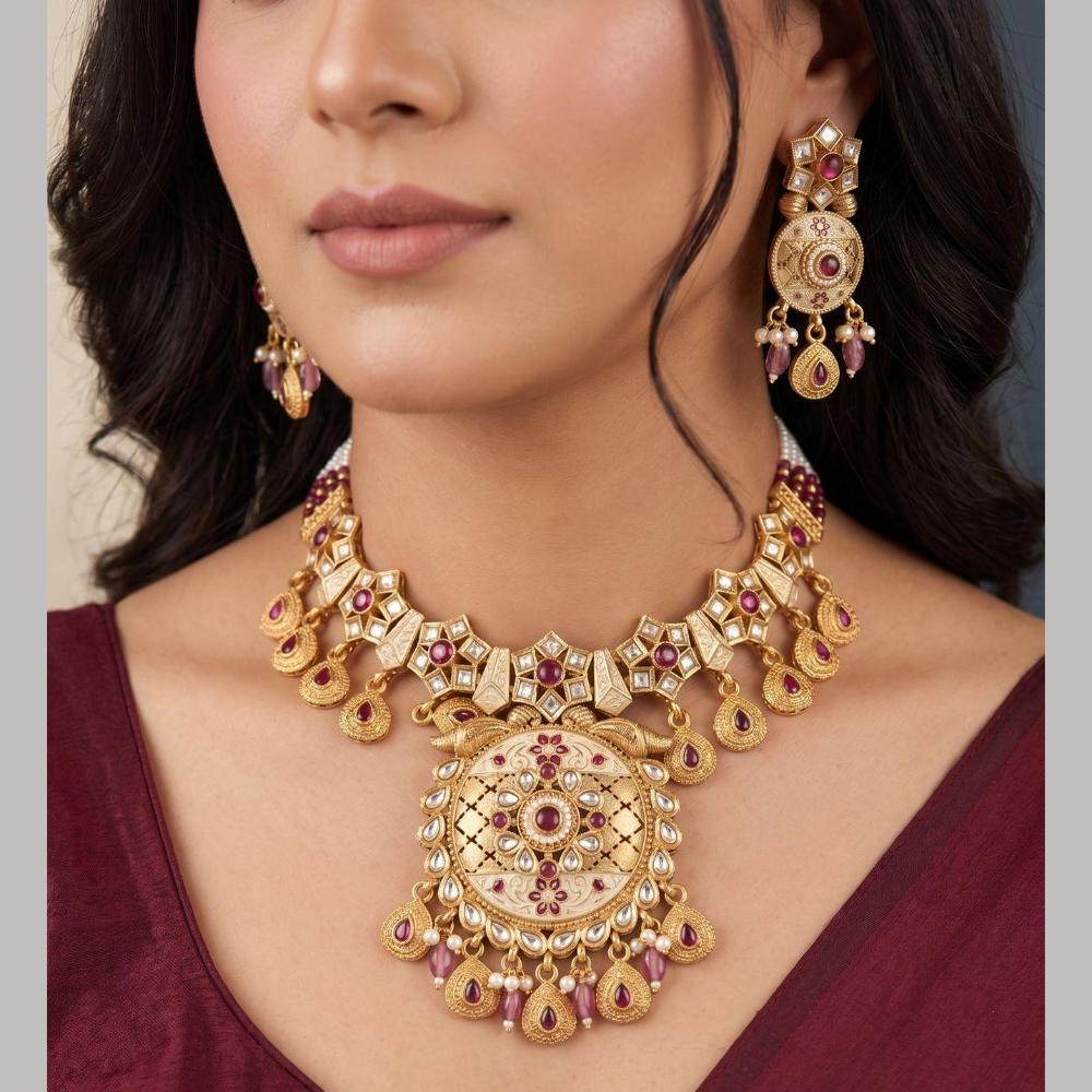 Manisha Jewellery Premium Pota Stone And Pearl Meenakari Necklace Set