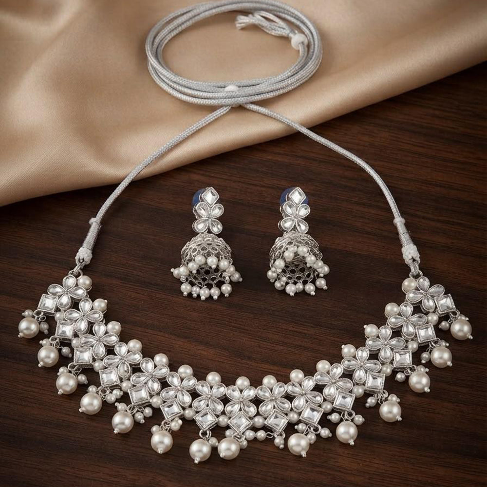 Manisha Silver  Plated  Kundan Stone And Beads Necklace Set