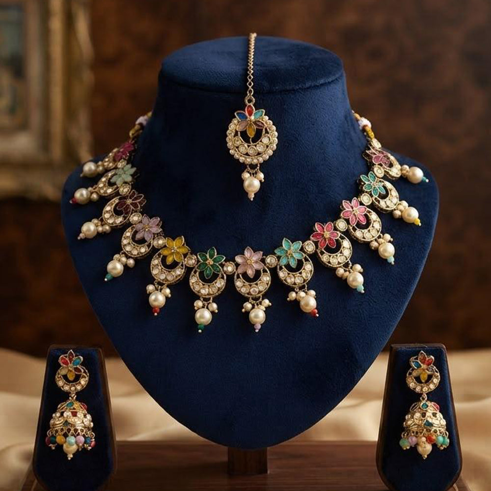 Manisha Gold Plated  Crystal Stone And Pearl Necklace Set
