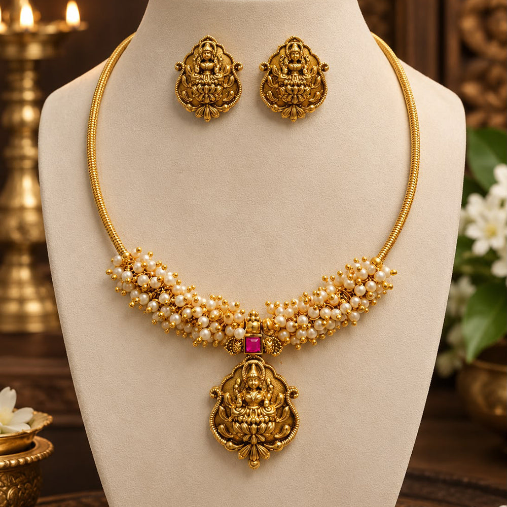 Manisha Jewellery Gorgeous Pota Stone And Pearl South Indian Temple Necklace Set