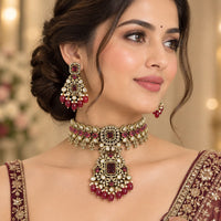 Manisha Jewellery Premium Pota Stone And Beads Choker Necklace Set