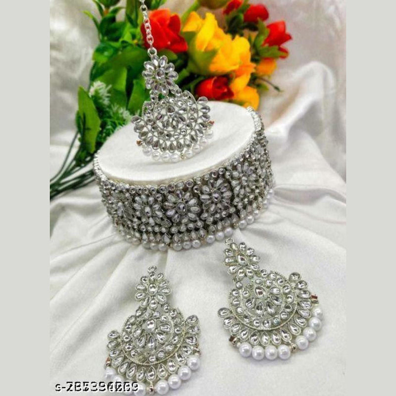 Lucentarts Jewellery Silver Plated Kundan Stone Necklace Set