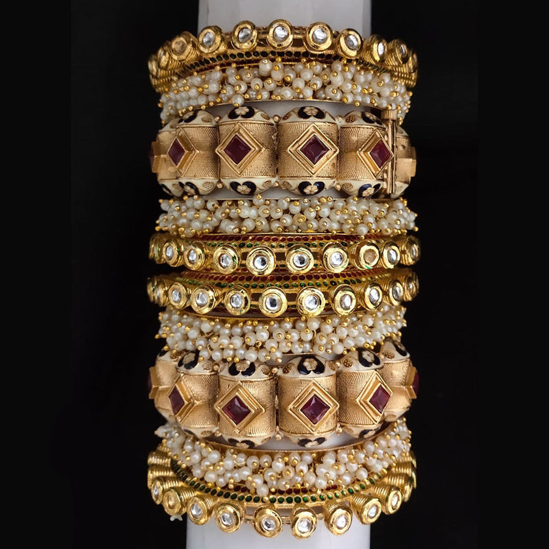 Lucentarts Jewellery Gold Plated Kundan And Pearl Bangles Set