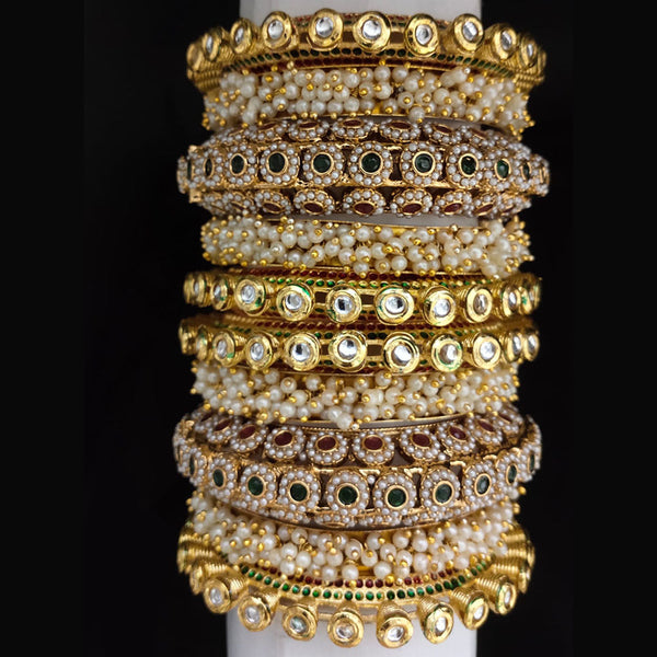 Lucentarts Jewellery Gold Plated Kundan And Pearl Bangles Set