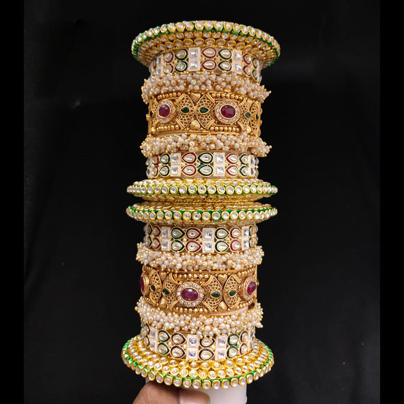 Lucentarts Jewellery Gold Plated Kundan And Pearl Bangles Set