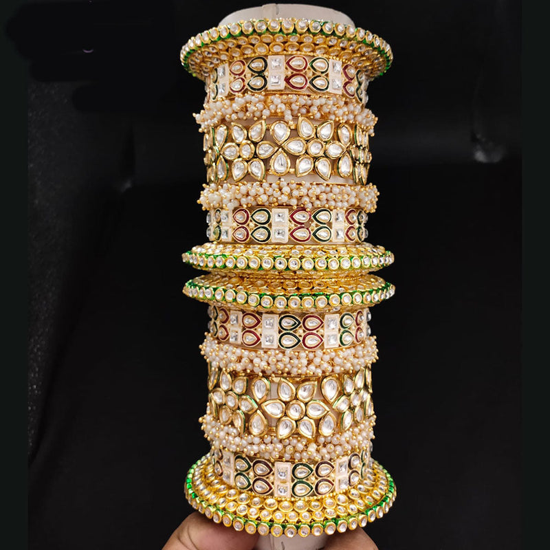 Lucentarts Jewellery Gold Plated Kundan And Pearl Bangles Set