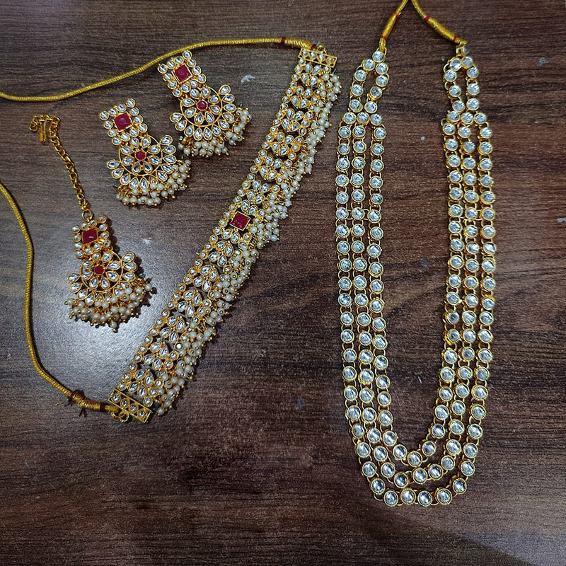 Lucentarts Jewellery Gold Plated Kundan And Pearl Long Double Necklace Set