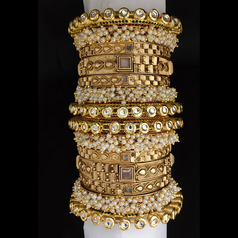 Lucentarts Jewellery Gold Plated Kundan And Pearl Bangles Set