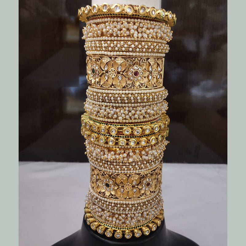 Lucentarts Jewellery Gold Plated Kundan And Pearl Bangles Set