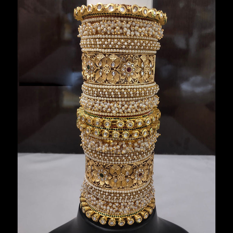 Lucentarts Jewellery Gold Plated Kundan And Pearl Bangles Set