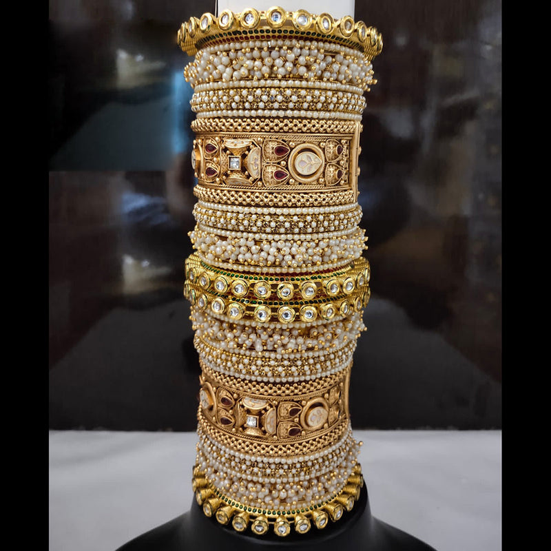 Lucentarts Jewellery Gold Plated Kundan And Pearl Bangles Set