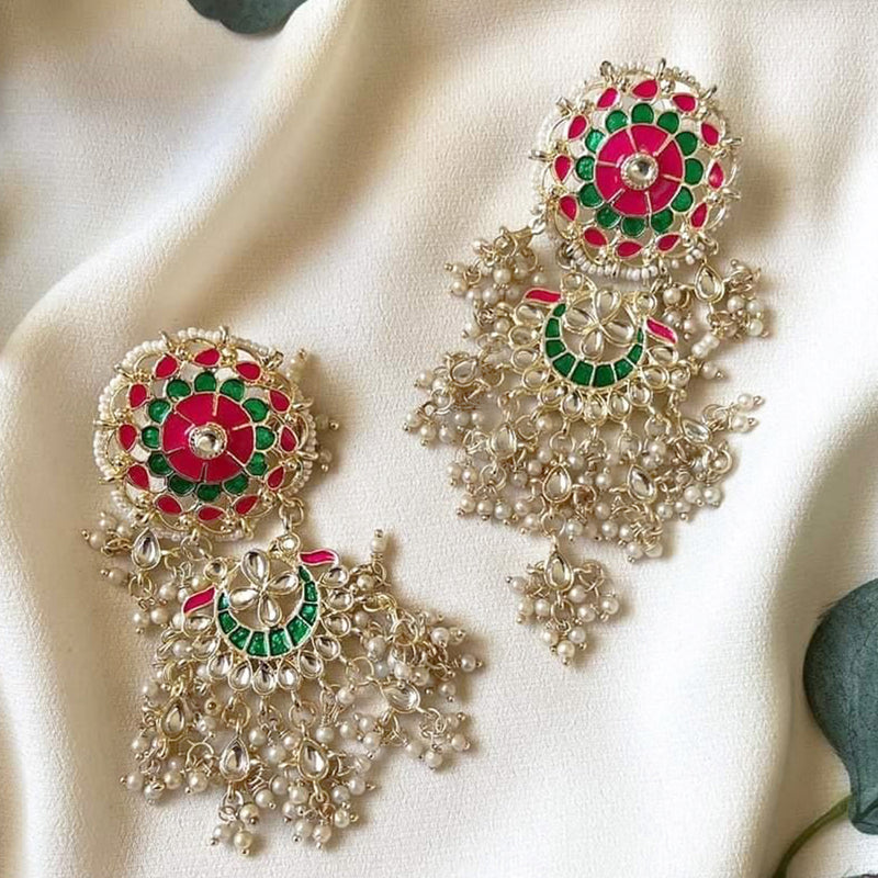 Lucentarts Jewellery Gold Plated Pearls And Meenakari Dangler Earrings