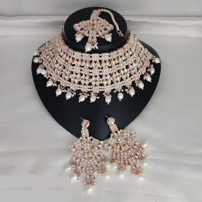 Lucentarts Jewellery Rose Gold Plated Kundan Stone And Pearls Choker Necklace Set