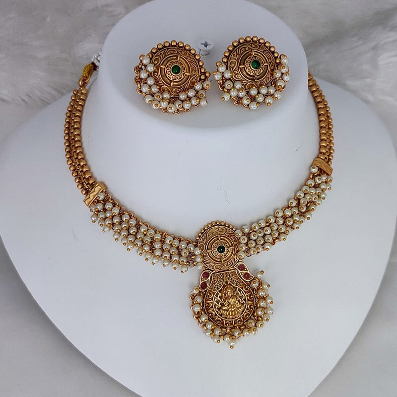 Lucentarts Jewellery Gold Plated Pearls Temple Choker Necklace Set