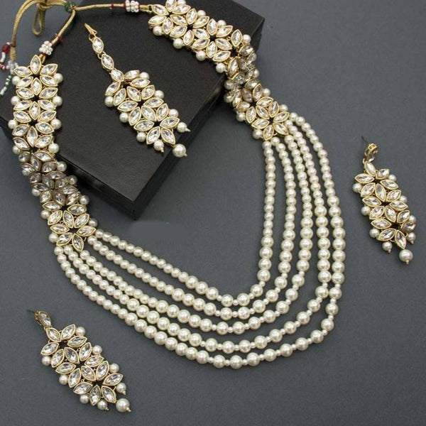 Lucentarts Jewellery Gold Plated Crystal Stone And Pearls Long Necklace Set