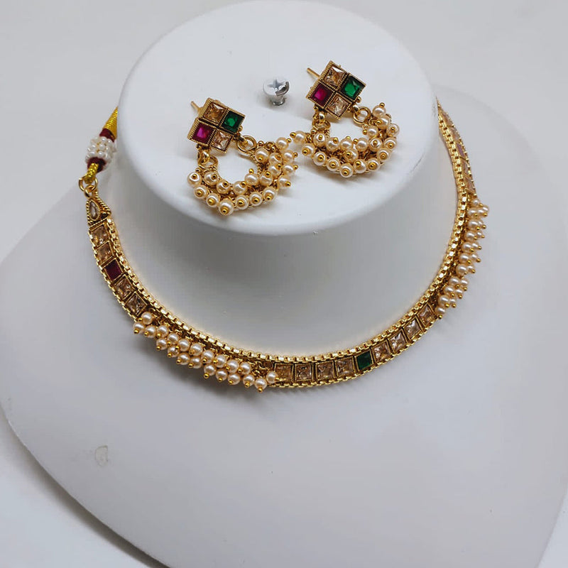 Lucentarts Jewellery Gold Plated Crystal Stone And Pearls Choker Necklace Set