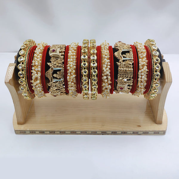 Lucentarts Jewellery Gold Plated Kundan And Pearl  Bridal Bangles Set