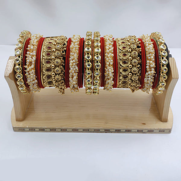 Lucentarts Jewellery Gold Plated Kundan And Pearl  Bridal Bangles Set