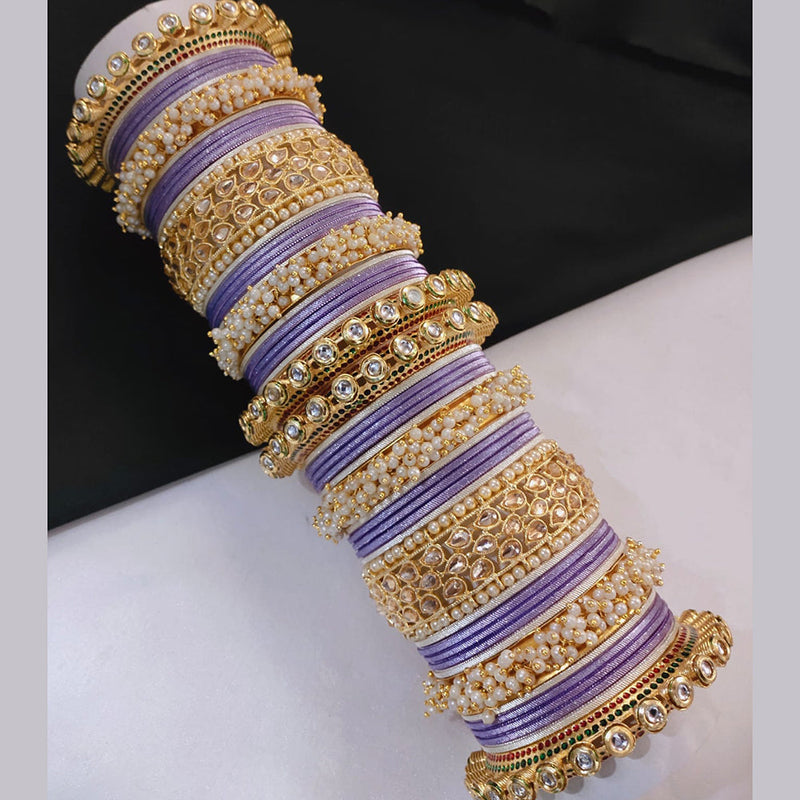 Lucentarts Jewellery Gold Plated Crystal Stone And Pearls Bangles Set