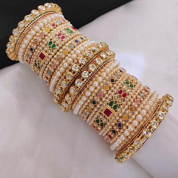 Lucentarts Jewellery Gold Plated Crystal Stone And Pearls Bangles Set