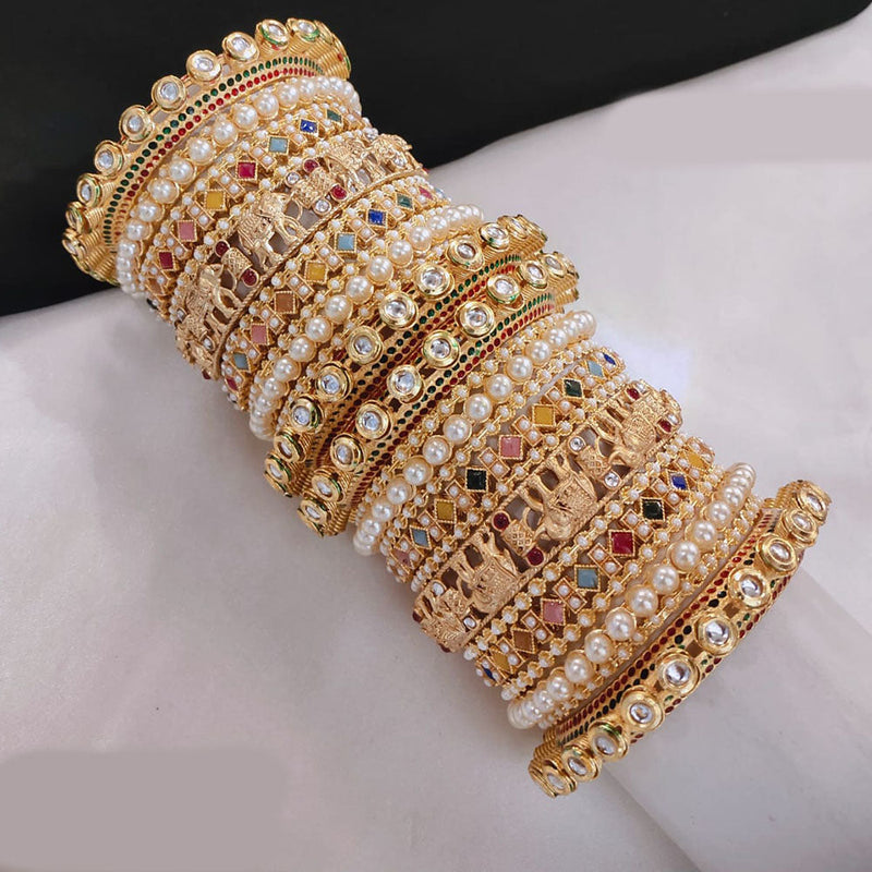 Lucentarts Jewellery Gold Plated Crystal Stone And Pearls Bangles Set