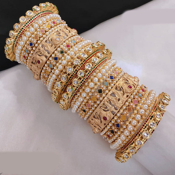 Lucentarts Jewellery Gold Plated Crystal Stone And Pearls Bangles Set